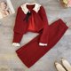thumbnail image 3 of Conjunto de dos piezas de falda de encaje rojo para mujer, abrigo de cuello de doble capa + Falda larga de línea a, vestido de invierno y otoño, 3 of 5