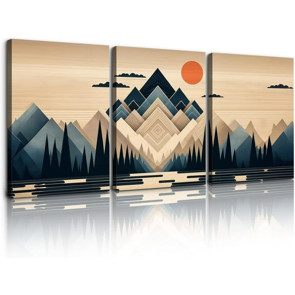 Boho Mountain Canvas Wall Art for Home Decor - Abstract Sun Mountain Forest Nature Scenery Picture Print On Canvas, Bohemian Paintings for Wall HD Giclee Ready to Hang (12x16inch, Set of 3)