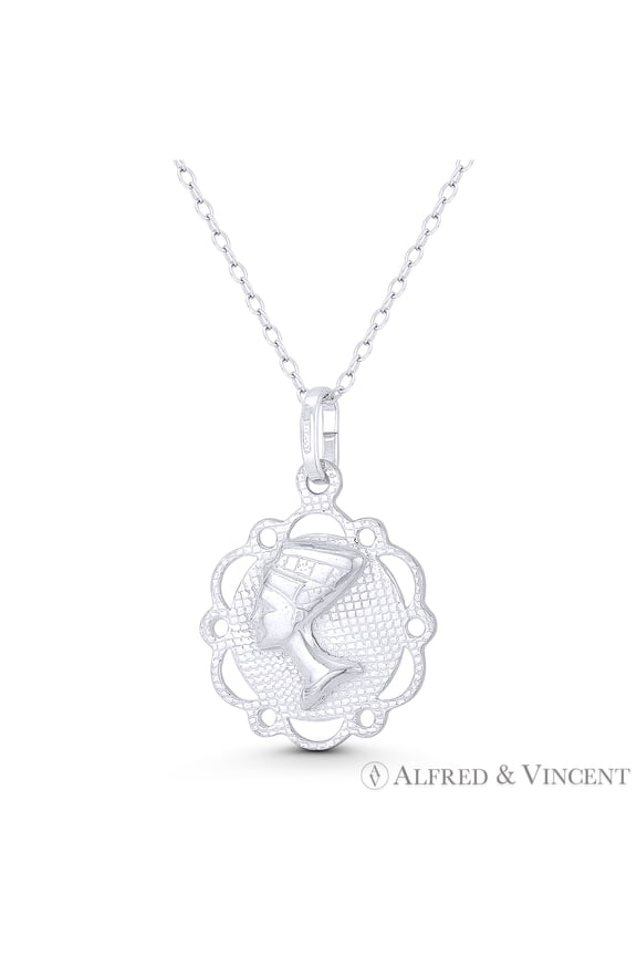 Queen Nefertiti Pharaoh's Great Royal Wife Egyptian Charm 26x18mm (1x0.7in) Pendant & Chain Necklace in .925 Sterling Silver