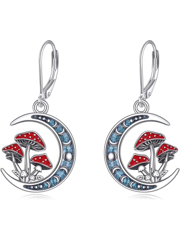 Mushroom Earrings Sterling Silver Turquoise Moon Phase Mushroom Dangle Drop Earrings For Women Jewelry Gifts