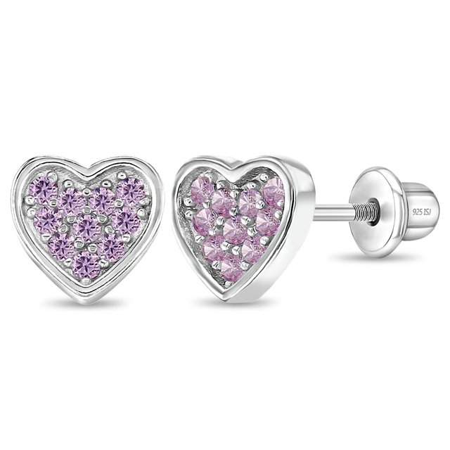 925 Sterling Silver Pave CZ Heart Screw Back Earrings Babies Infants Girls