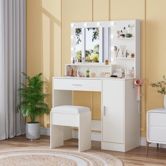 Makeup Vanity Desk with 3-Color Adjustable LED Lighted Mirror – Dressing Table with Drawer, Cabinet & Power Outlets, Compact Vanity Set with Stool for Bedroom & Apartment