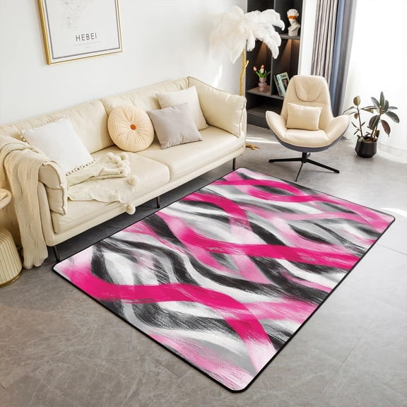 Voguly Area Rug 4'11" x 3'3", Pink Grey Black White Abstract, Geometric Grids Checkered Floor Mat for Girls Kids Teen Women, Modern Indoor Carpet Room Decor