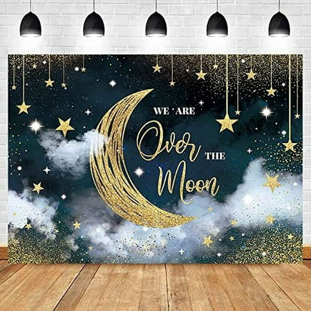 Image of We are Over The Moon Baby Shower Backdrop Moon and Stars Starry Night Celestial Photography Background Twinkle Twinkle Little Star Boy Baby Shower Decorations Party Cake Table Banner 7x5f