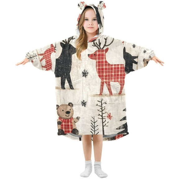 FORMRS Wearable Blanket Hoodie with Sleeves for Kids Cozy Flannel Sweatshirt, Retro Christmas Forest