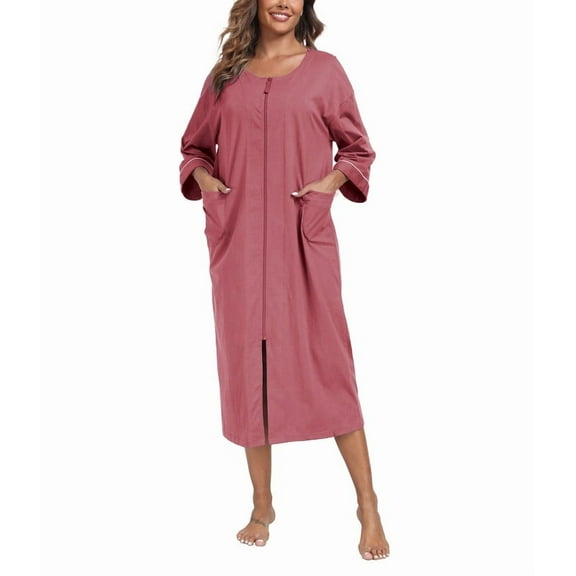 MAYFISH Women's 3/4 Sleeve Lightweight Bathrobes: 100% Cotton Zipper Robes with Pockets, Perfect Loungewear(Purplish Red,L)