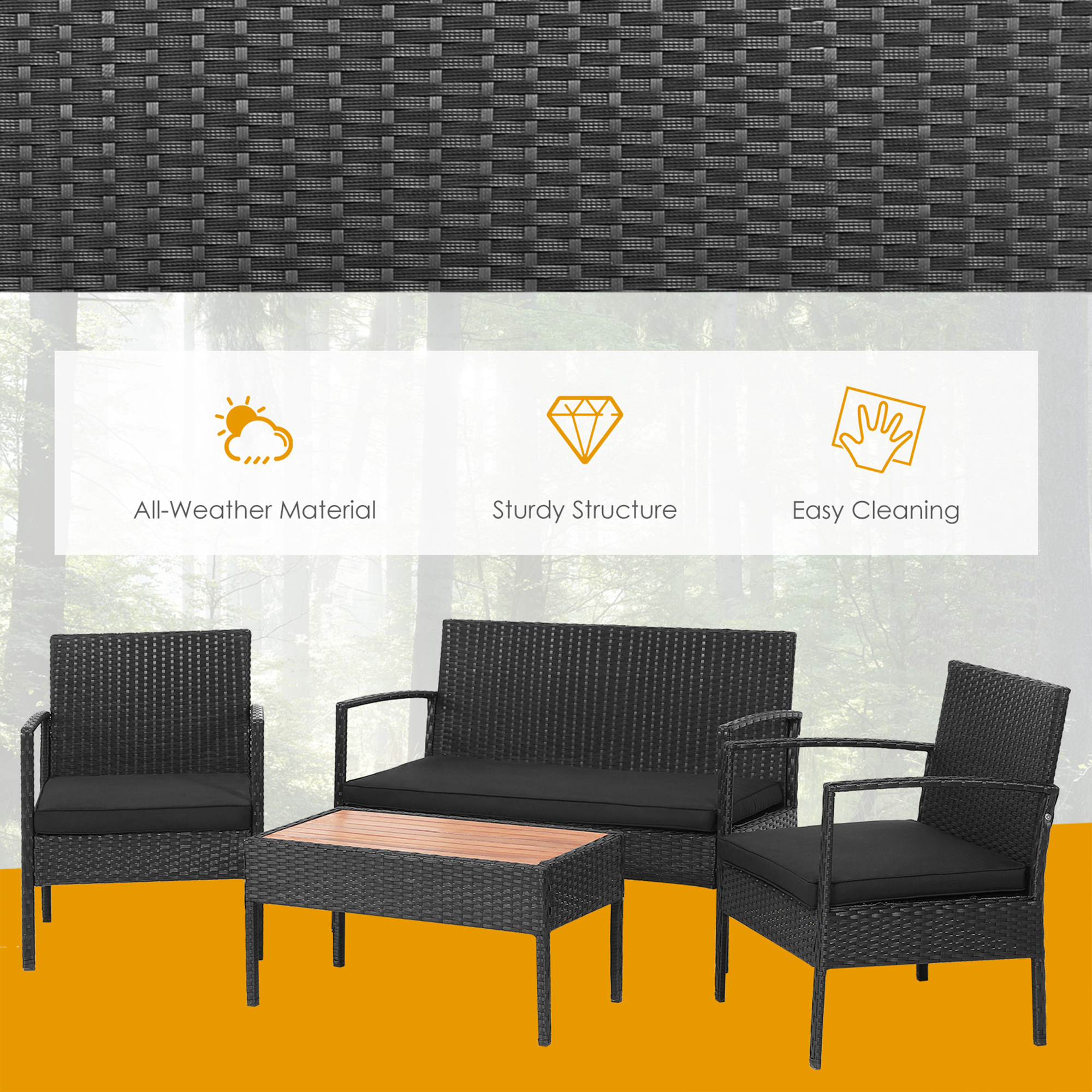 Gymax 4PCS Rattan Patio Conversation Furniture Set Outdoor Sofa Set w/ Black Cushions