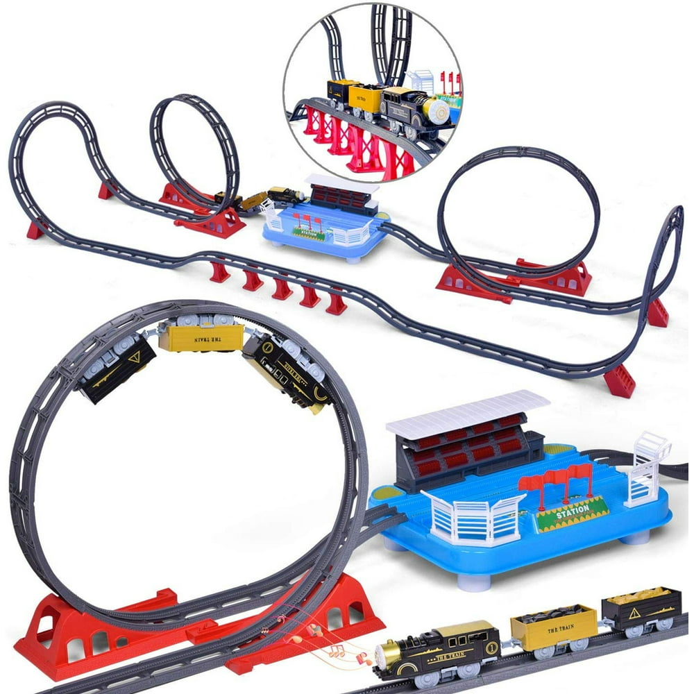Train Set for Kids, Railway Station Track Toys for Boys, Batteries Operated Toy Train Set with