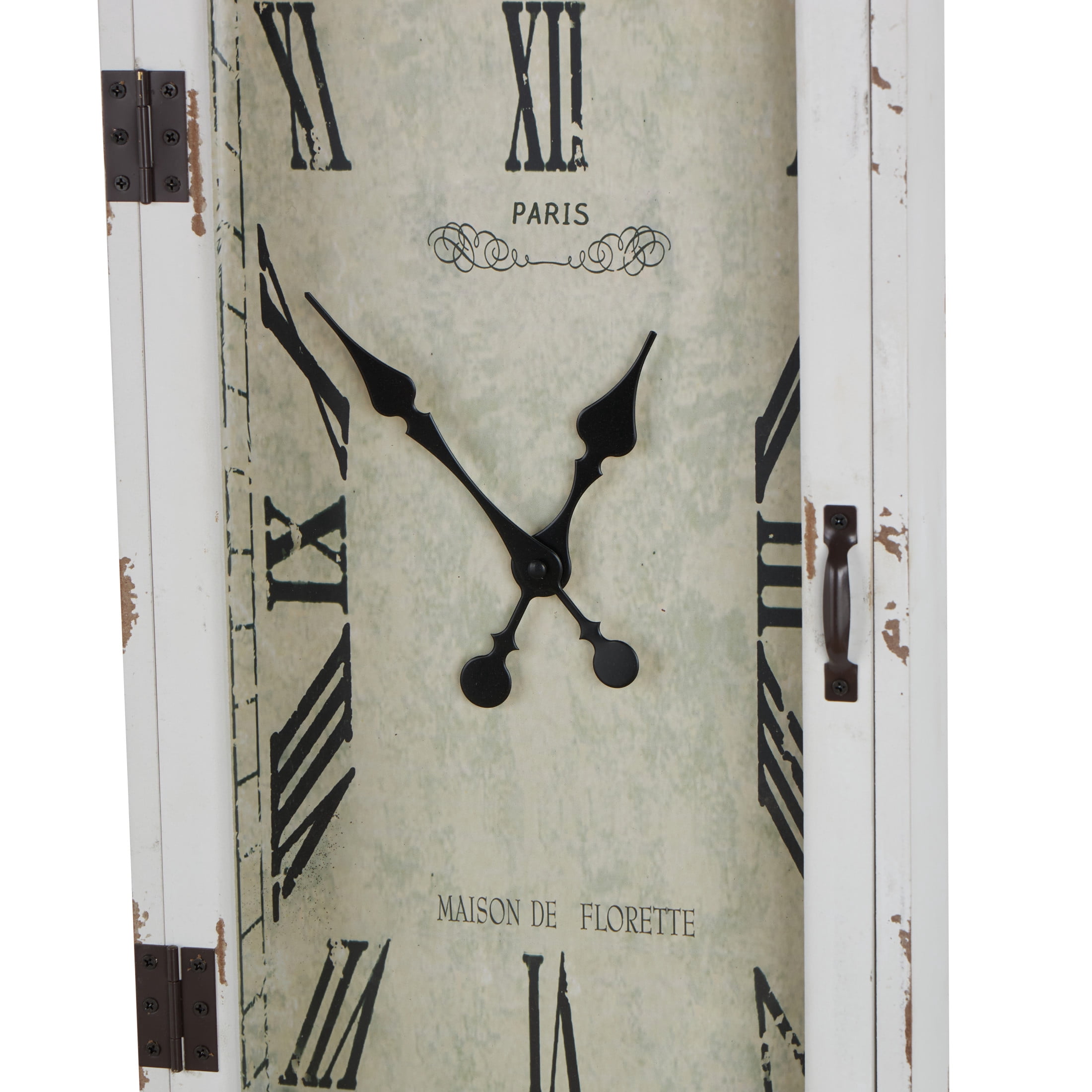 DecMode 12" x 28" White Wooden Vintage Pocket Watch Style Wall Clock with Hinged Door