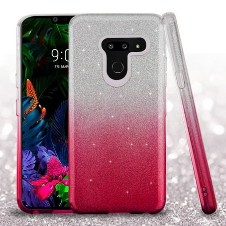 LG G8 ThinQ Phone Case Slim Fit 3 Layer HYBRID Bling Glitter Candy Gummy Silicone Rubber Gel Soft TPU Protective Cover PINK SILVER Glittering Sparkle Phone Case Cover for LG G8 ThinQ