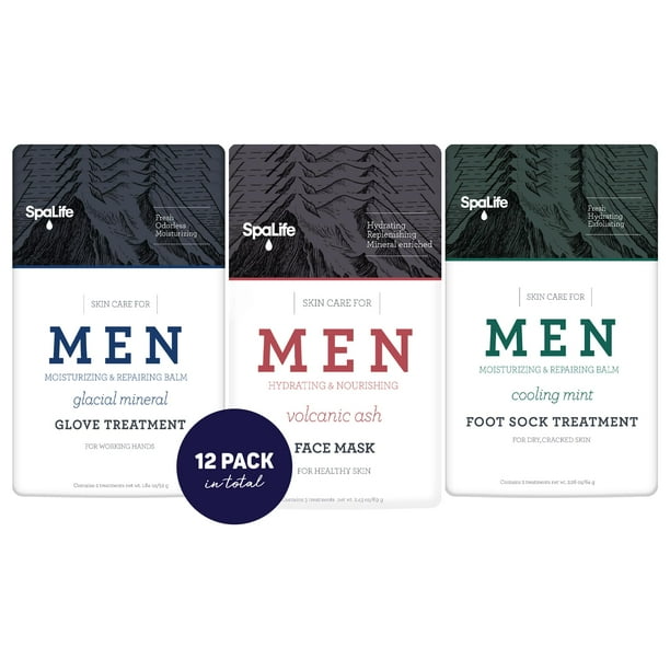 SpaLife Juego de spa de 12 piezas para hombres: guantes reparadores para manos secas Calcetines refrescantes de menta para talones agrietados y mascarilla facial hidratante Kit de regalo definitivo pa