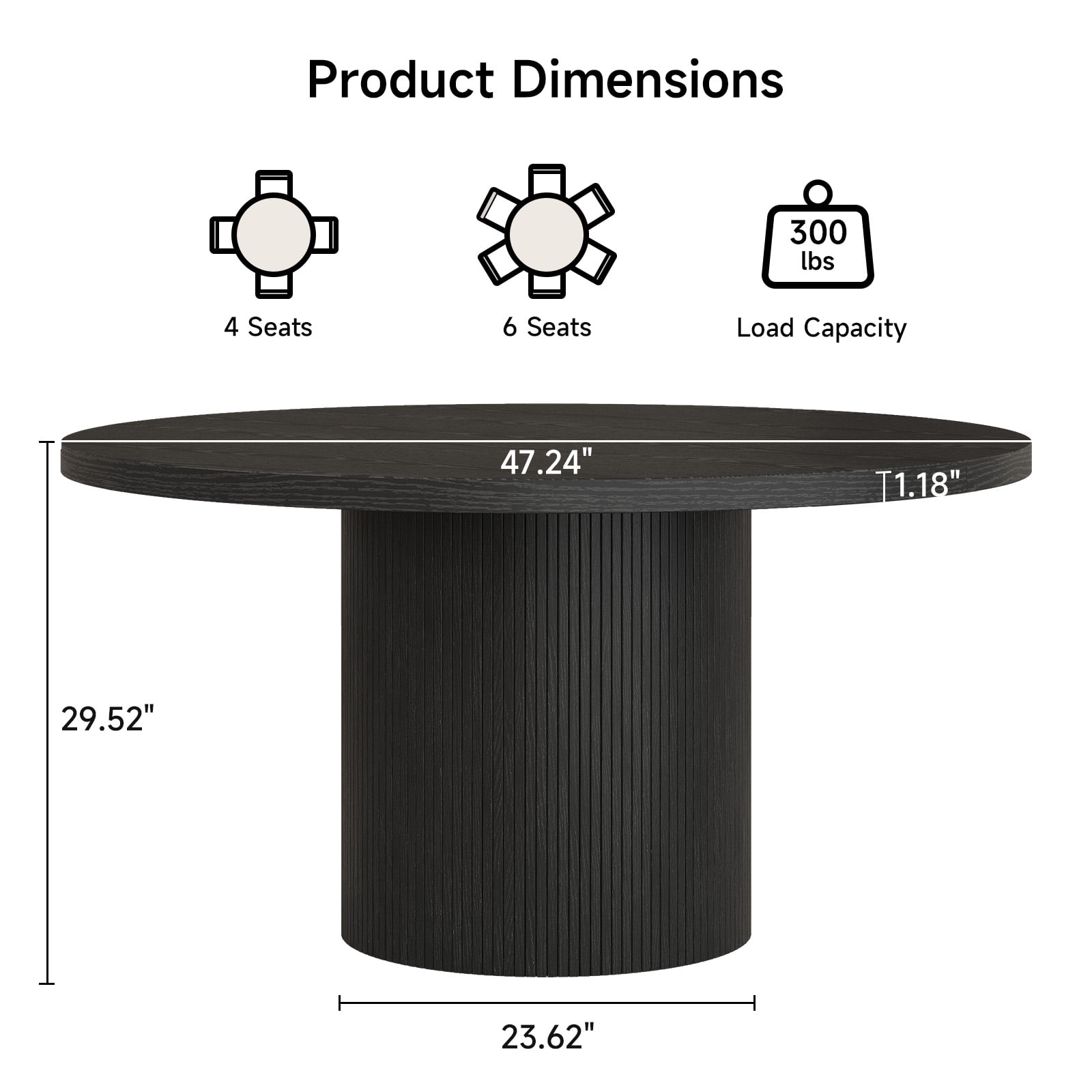 ROGALIS 47 inch Round Dining Table for 4-6, Circle Kitchen Table with Wood Strip Base, Modern Farmhouse Dinner Tables for Kitchen, Living Room, Black