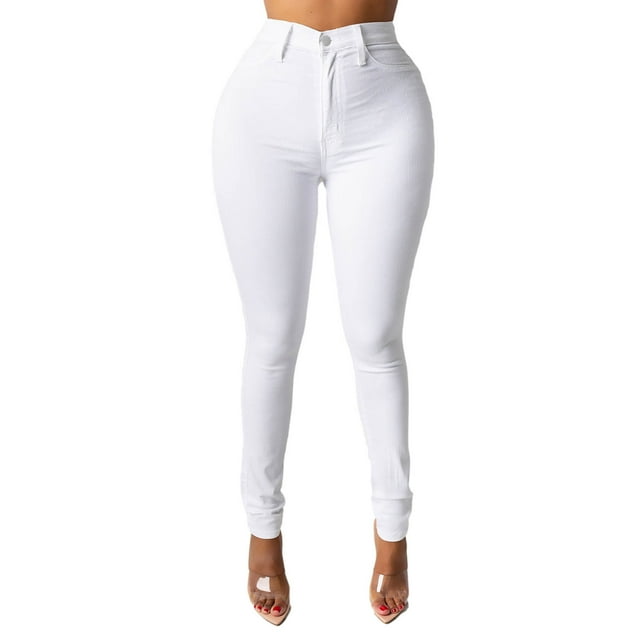 Sweat Pants That Look like Jeans Womens Skinny Jeans Mid Rise, Stretch Denim Jean Slim Fitting Leg Elastic Waist Pants with Pockets S-70 White XL
