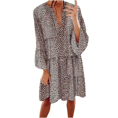 

Dresses for Women 2023 Causal Dress Spring And Summer V-neck Dress 3/4 Sleeve Print Dress Khaki XXXL