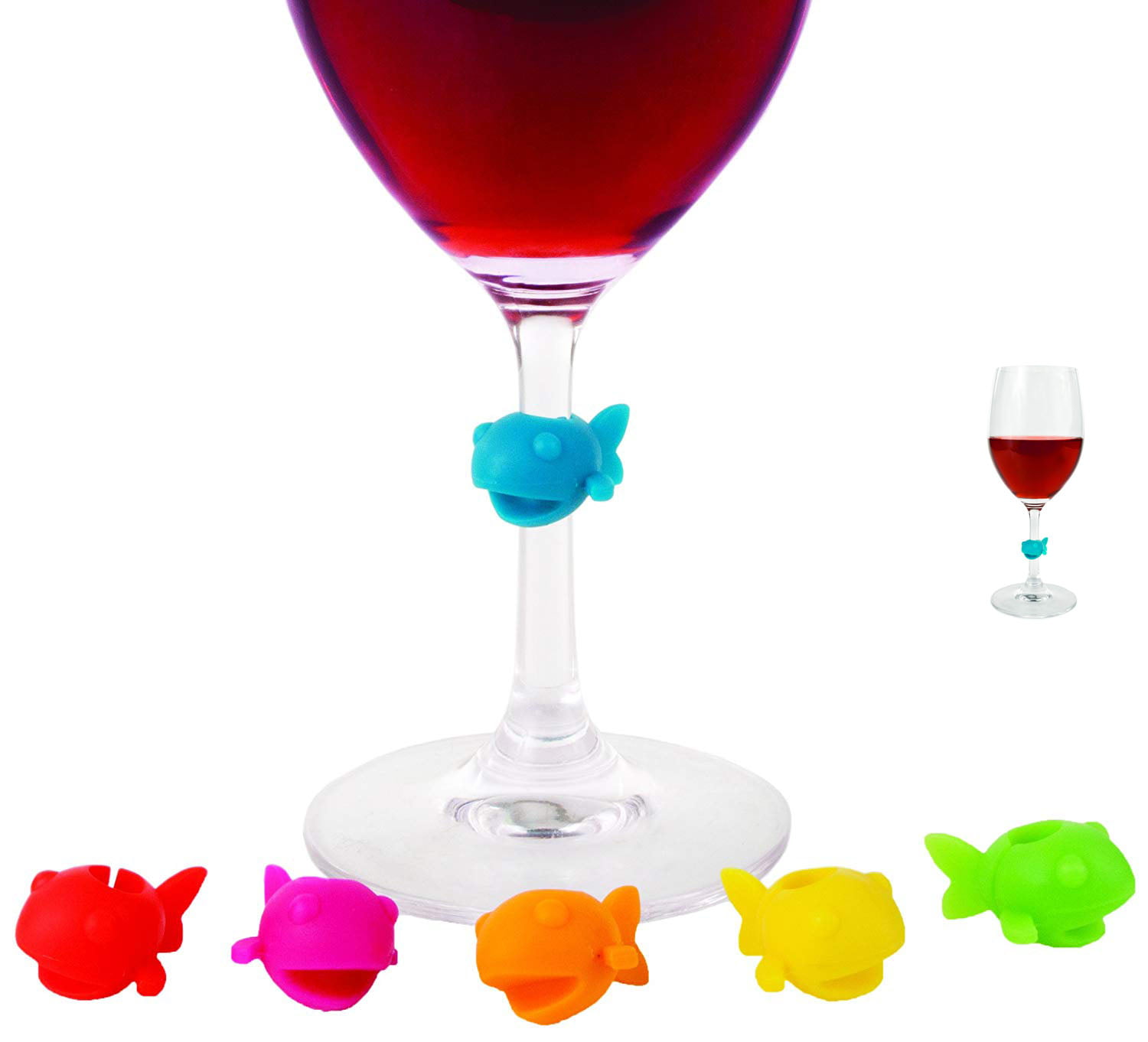 Guppy Silicone Wine Charms Glass Markers Set of 6 That Work on Stemless Glasses Color Random 
