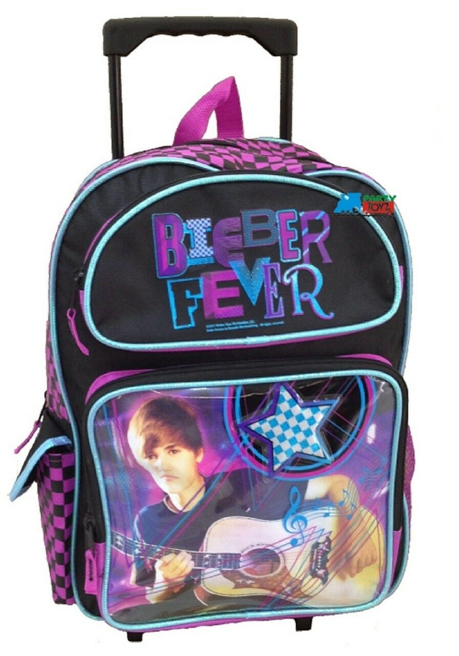 Accessory Innovations Justin Bieber Large 16" Cloth Backpack Book Bag Pack With Wheels Pink