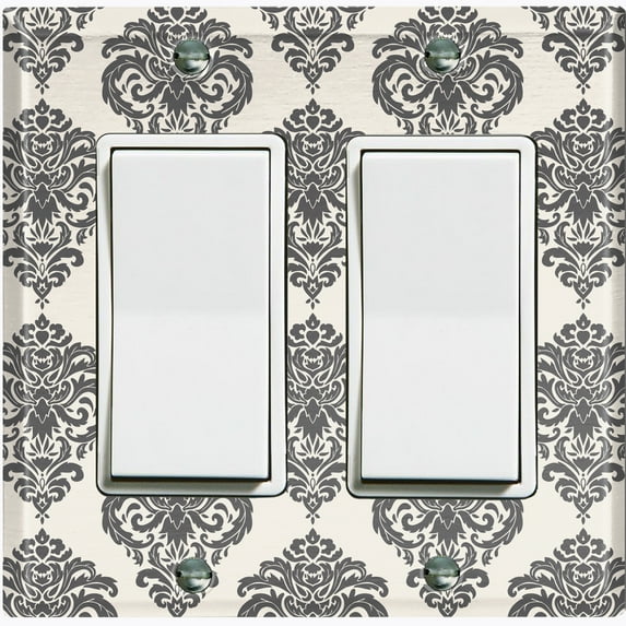 Metal Light Switch Plate Outlet Cover (Damask Black Tan Pattern - Double Rocker)