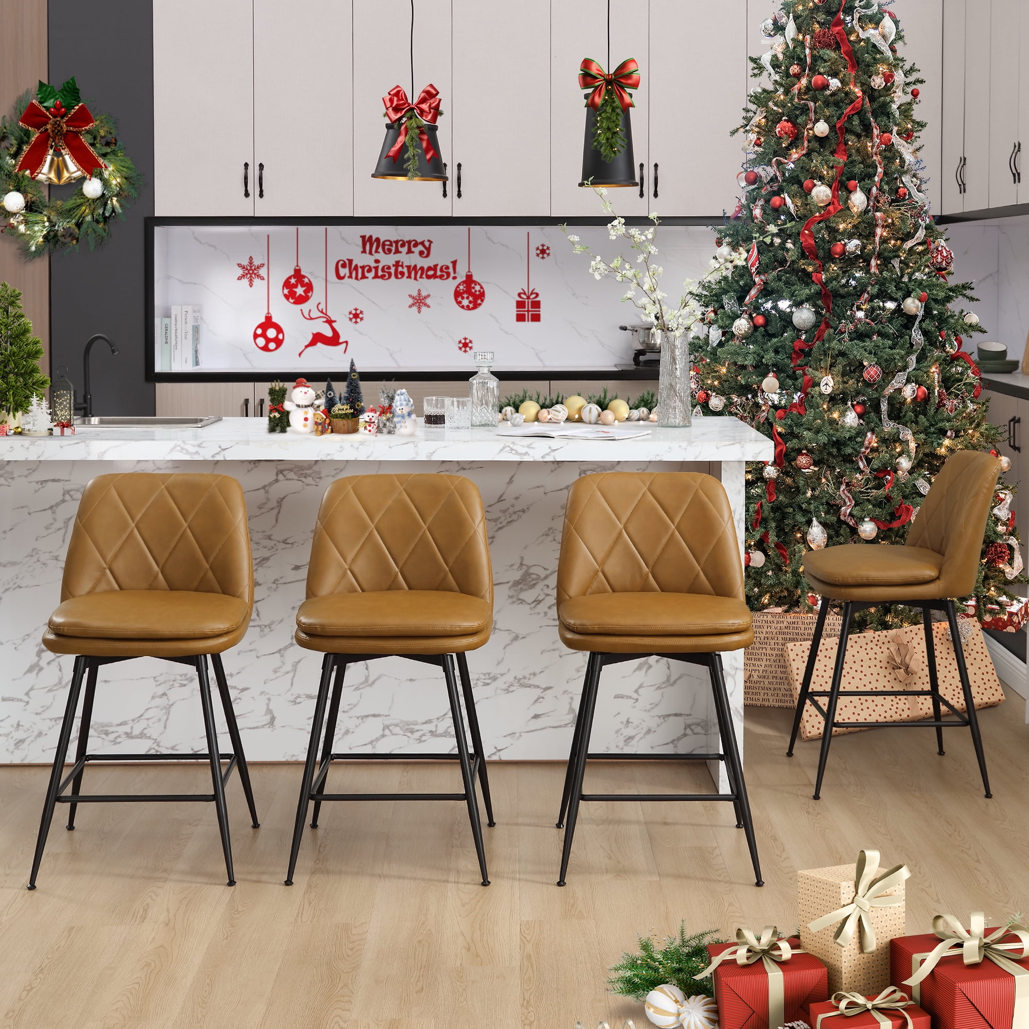 TEWLOSS 28" Bar Stools Set of 4 Swivel Barstools Faux Leather Kitchen Chairs, Brown