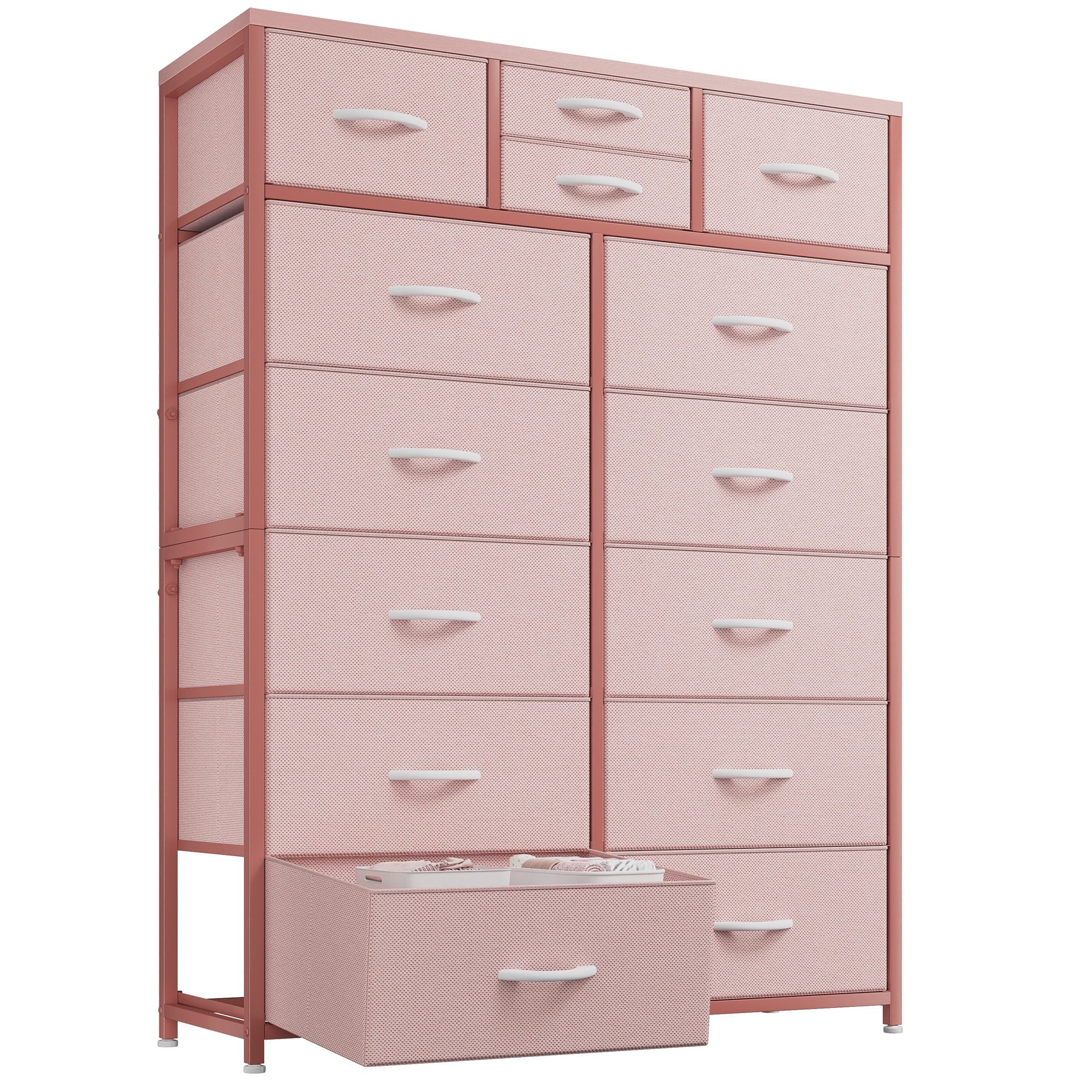 EnHomee Dressers for Bedroom with 14 Fabric Drawers Tall Dresser & Chests of Drawers Storage Tower for Living Room, Pink