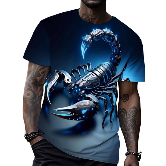 Men's short-sleeved T-shirt, dark blue futuristic mechanical scorpion print, two styles for daily leisure and gaming activities