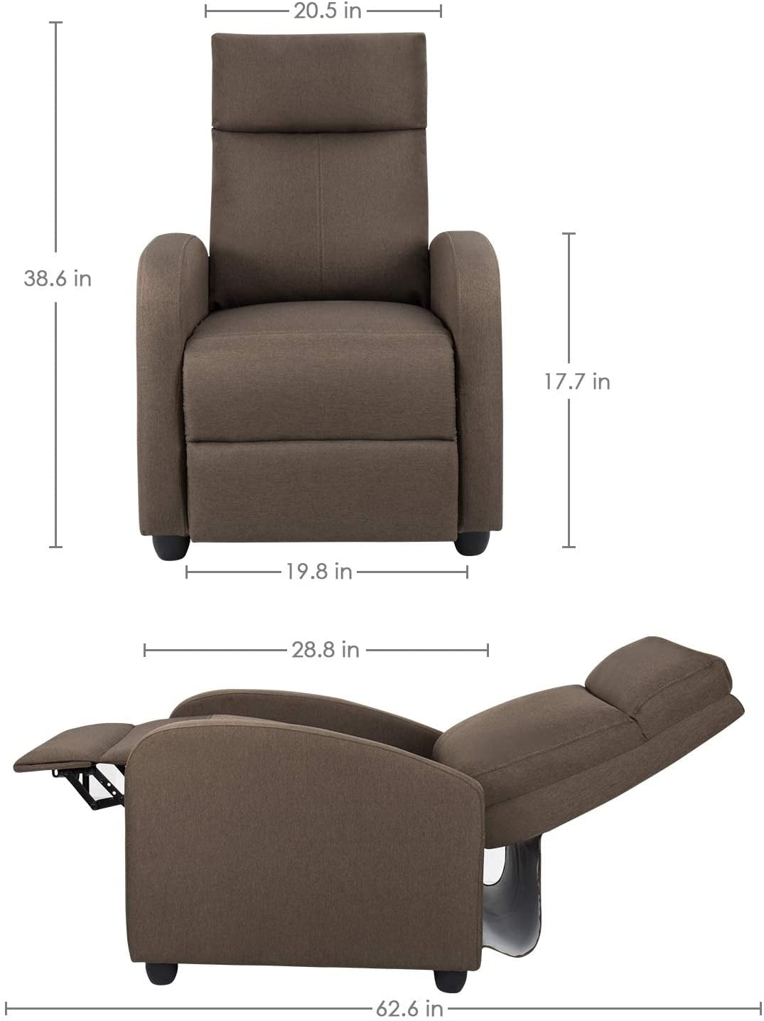 Walnew Brown Fabric Single Sofa Recliner with Padded Seat and Backrest, Multi-Positions