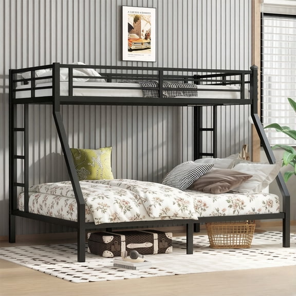 Twin XL over Queen Bunk Bed, Heavy Duty Metal Bunk Bed with 2 Ladders, Space-Saving Bunk Bed Twin XL over Queen for Teens Adults, Noise Reduced, No Box Spring Needed(Black)