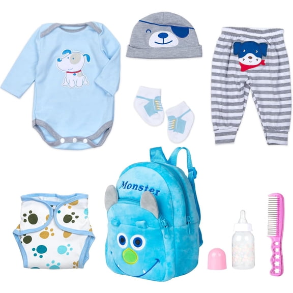 8 PCS Reborn Baby Boy Doll Clothes Accessories Blue Puppy Set with Backpack Diaper for 17-22 Inch Reborn Doll Newborn Baby Boy