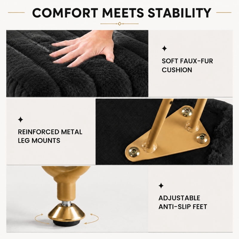 BEAUTYPEAK Vanity Stool with Storage Faux Fur Padded Makeup Ottoman with Gold Metal Legs and Adjustable Feet 18.9" Footstool, Black