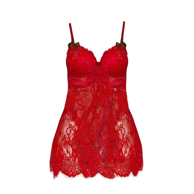 Gibobby Lencería de encaje Día de San Valentín Malla sin espalda Out Bordado Encaje Camisón hueco Pijamas(Rojo, CH)