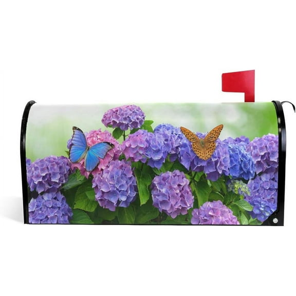 Hydrangea Flowers with Butterflies Magnetic Mailbox Cover MailWraps Garden Yard Home Decor for Outside Standard Size-18"x 20.8"