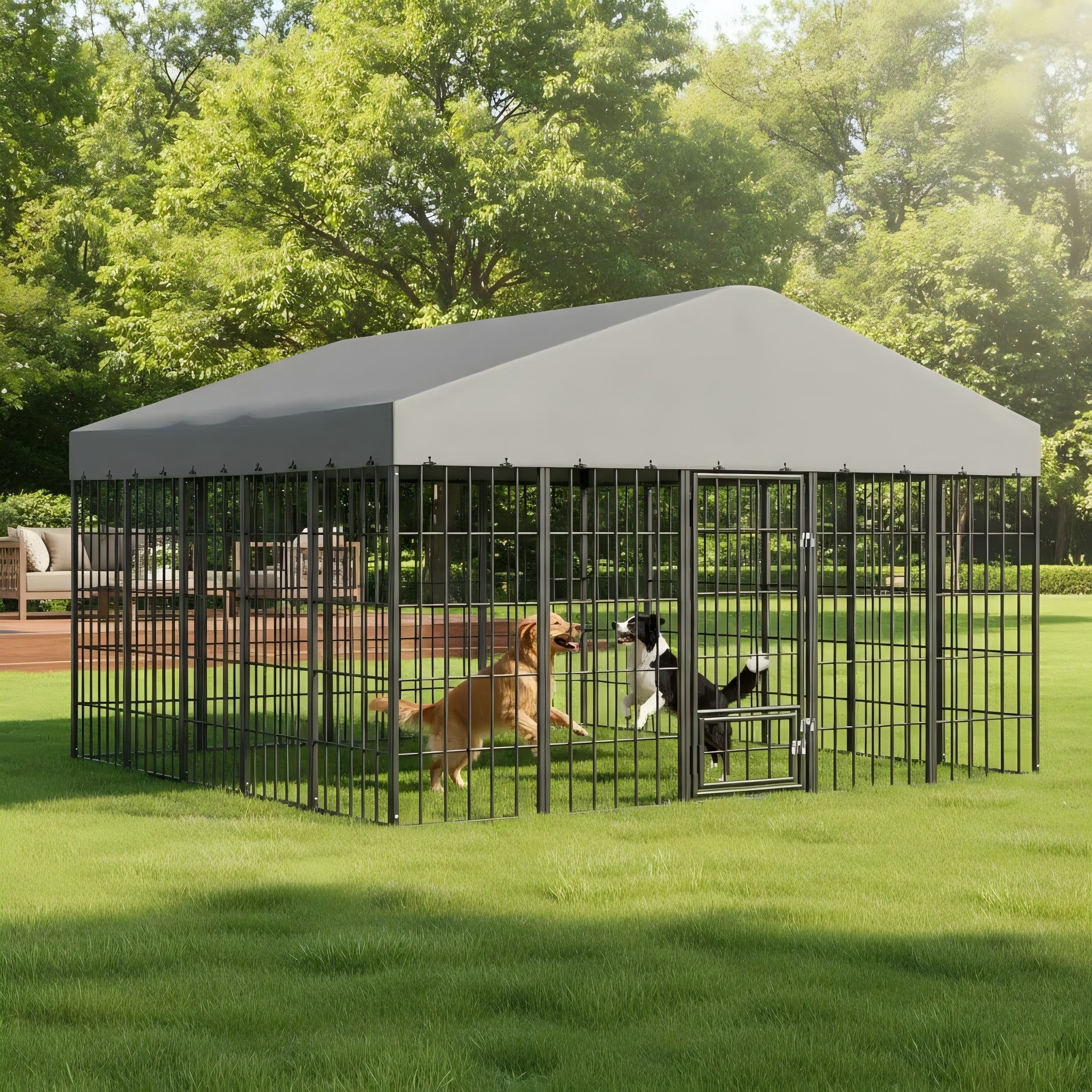 Gotland Large Outdoor Dog Kennel,118" L x 117" W x 75" H Heavy-Duty Modular Dog Cage with Waterproof Cover, UV-Resistant Roof, Anti-Rust Outdoor Dog Fence w/Double Security Locks for Backyard