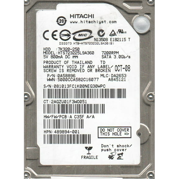 HTS723225L9A360, PN 0A58896, MLC DA2653, Hitachi 250GB SATA 2.5 Hard Drive