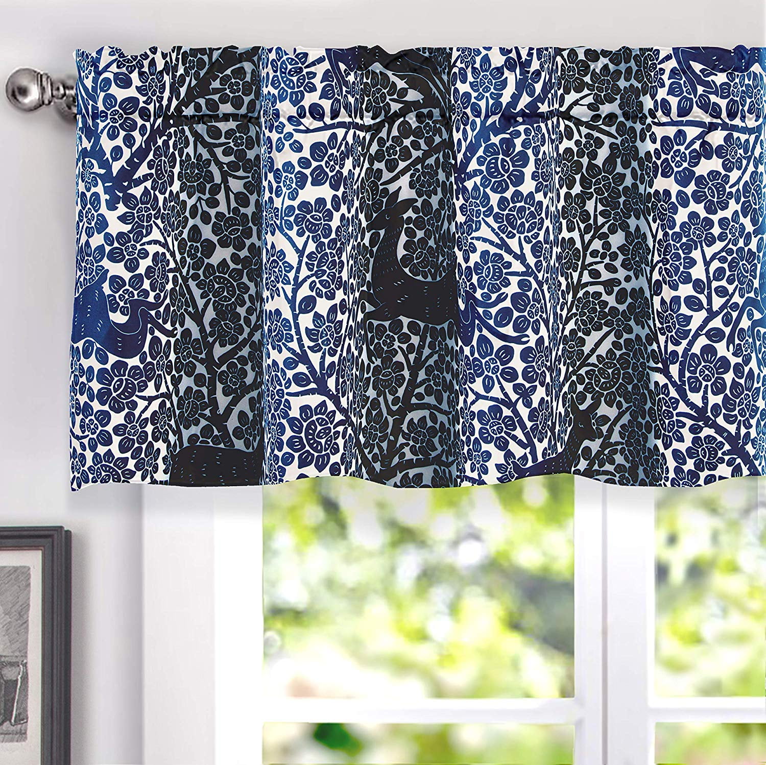 DriftAway Gianna Floral Leaf Botanical Lined Thermal Insulated Energy Saving Window Curtain Valance for Living Room Bedroom Kitchen Rod Pocket 2 Pack 52 Inch by 18 Inch Plus 2 Inch Header Navy 