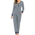 thumbnail image 2 of Besolor Women's Casual 2 Piece Outfits Striped Crewneck Buttons Long Sleeve Shirts and Pants Pajama Sets Sleepwear PJs, 2 of 9