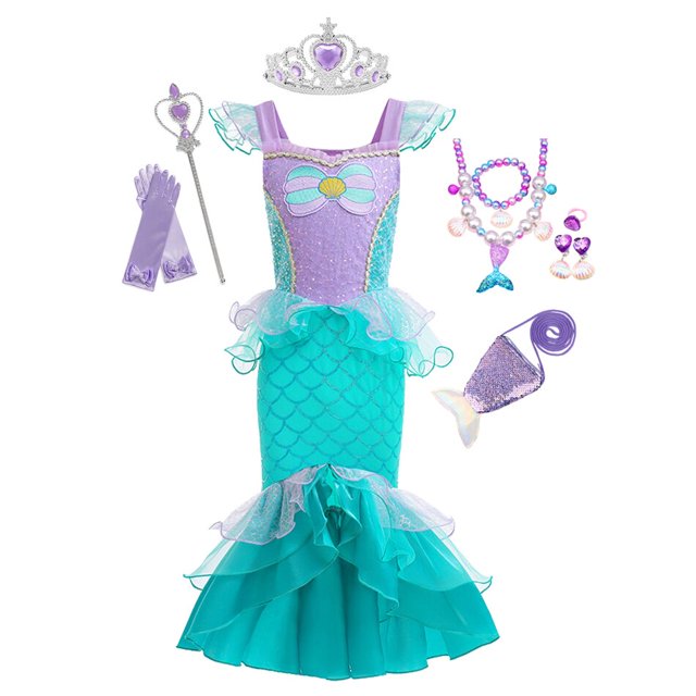 2023 vestido de sirenita para niñas, disfraz de princesa Ariel de Disney, vestido con volantes de encaje, traje de Cosplay para fiesta de cumpleaños de Halloween para niños, 2T (etiqueta 100) Gao Jinjia LED