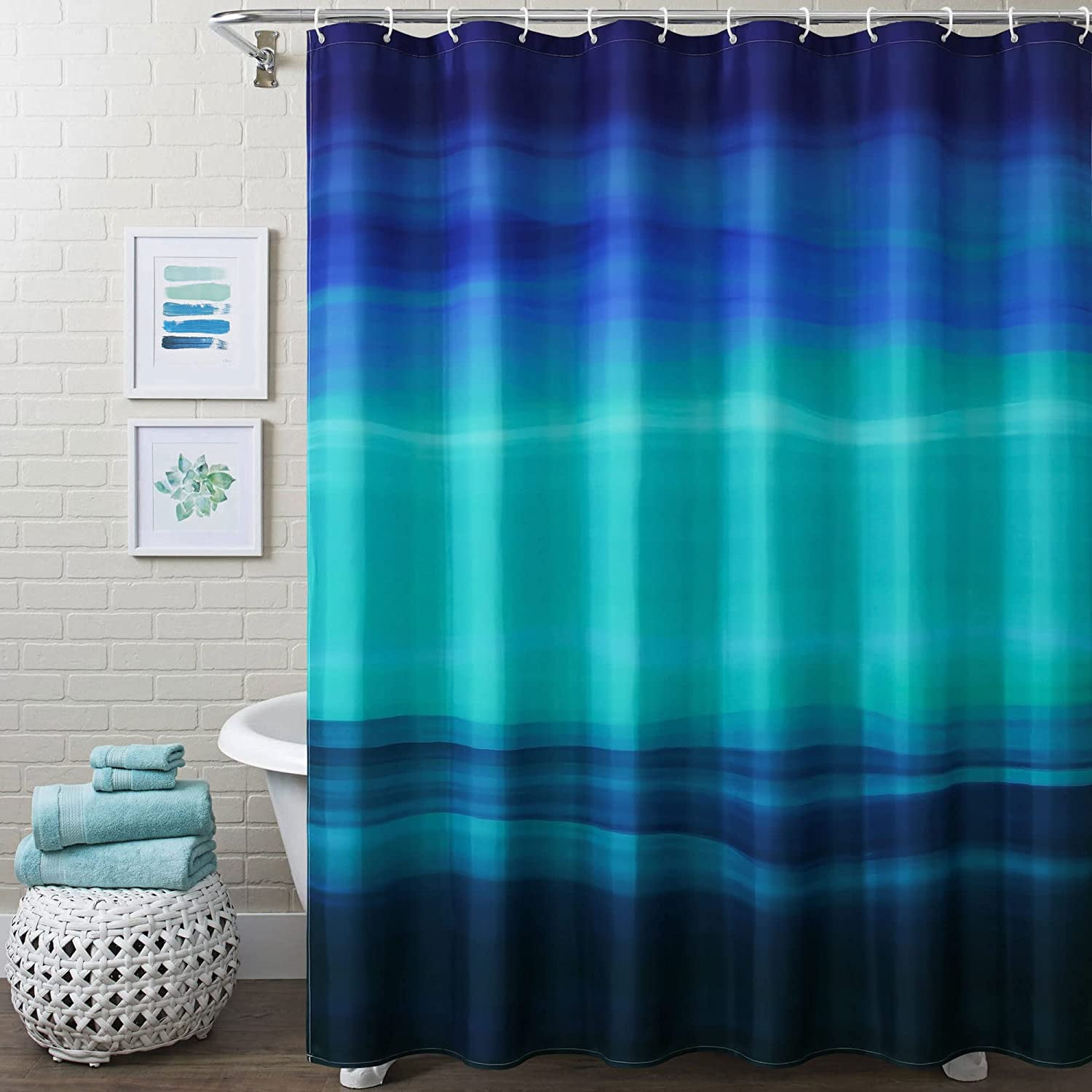 Navy Blue Ocean Shower Curtain Set with Hooks, Abstract Turquoise Teal