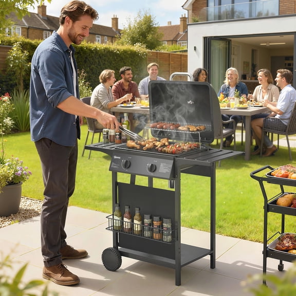 Outsunny 2 Burner Propane Gas Grill, 18000 BTU BBQ Grill with Warming Rack, Shelf, Thermometer, Black