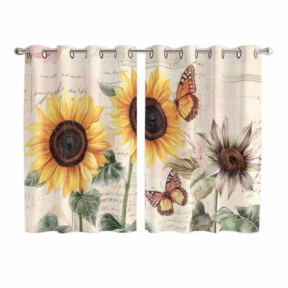 Sunflower Butterfly Kitchen Curtains 63 Inch Length, Vintage Farm Floral Watercolor Grommet Top Bedroom Living Room Curtains, Light Filtering Cafe Curtain Drapes 2 Panels Set 104''x63''