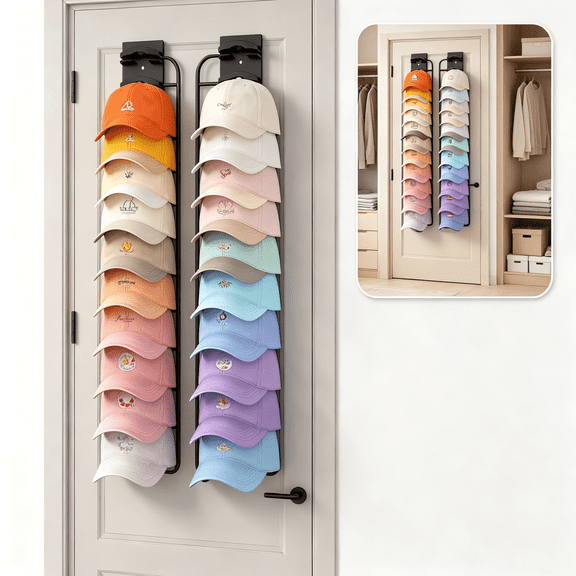 Baseball Cap Hat Organizer 2 Pack, Wall Mount Adhesive Cap Rack Holds 20 Hats, Space Saving Closet Door & Wall Hat Display Storage Holder