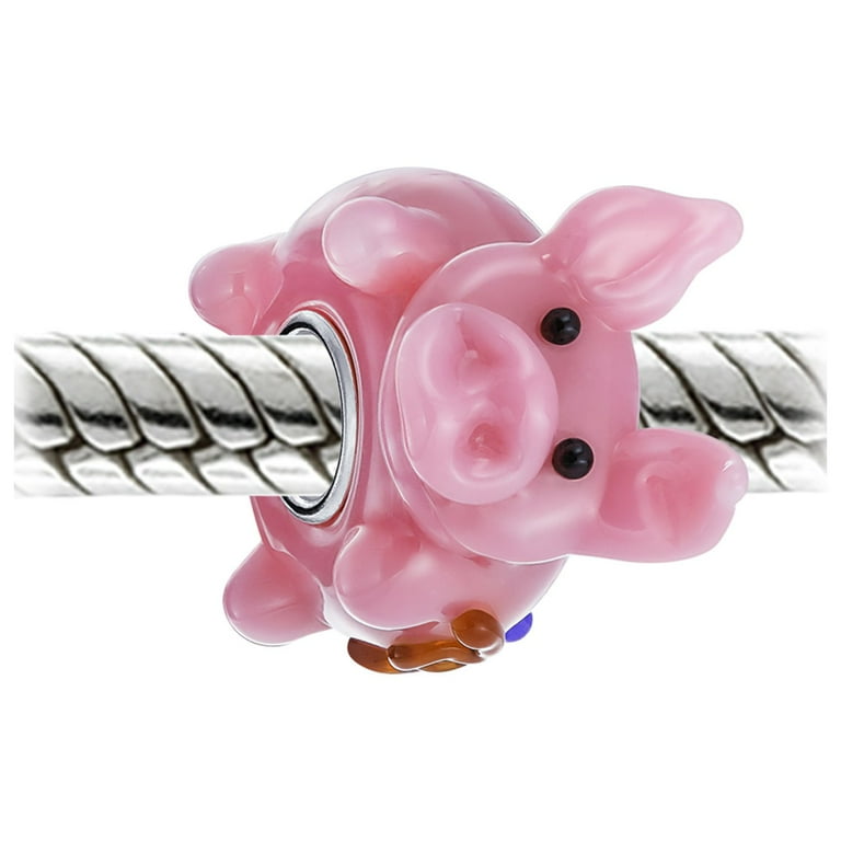 925 Sterling Silver Cute Pig Charm Bead - Fits 3mm European Charm Bracelets & Necklaces, Antique Silver Finish