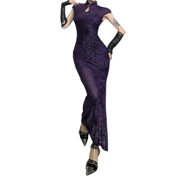 Halloween Elegant Women's Halloween Cheongsam Dress Set Chinese Qipao Outfit for Party Evening Banquet, S
