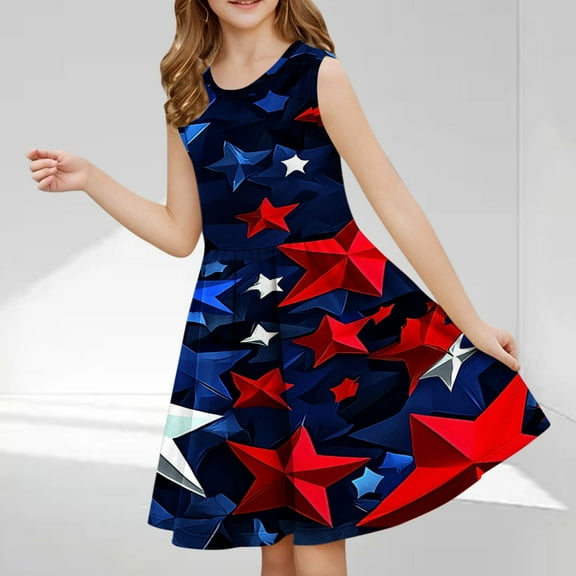 DAETIROS Girls 4th of July Dress,American Flag Independence Day Crew Neck Girls Summer Dress Blue Size 4-5T