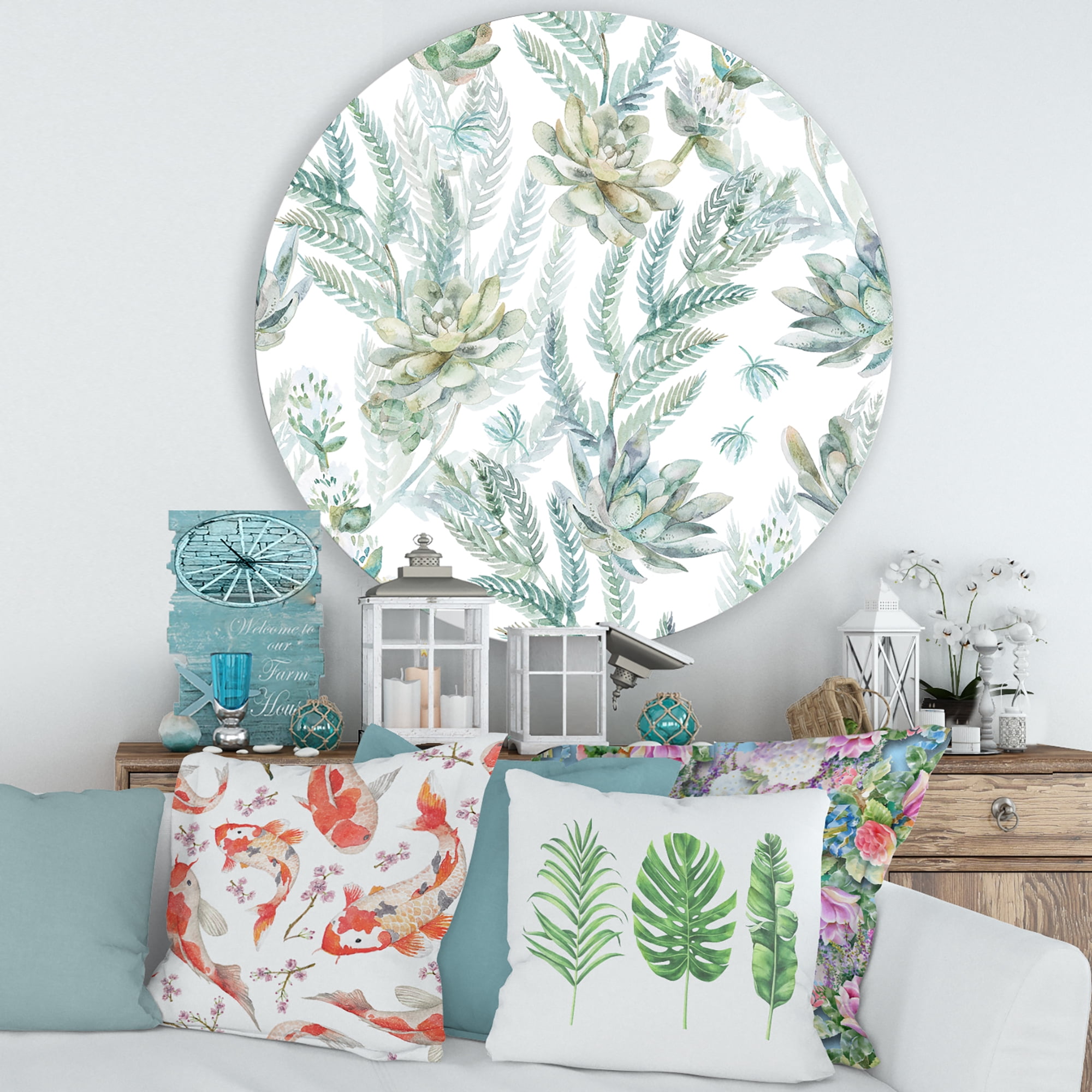 Designart 'Floral Seamless Pattern Succulents and Ferns Thorns' Farmhouse Circle Metal Wall Art 29x29 - Disc of 29
