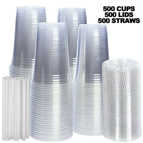 PET Crystal Clear Disposable Plastic Cups with lids and Straws [500 Set] (16OZ)