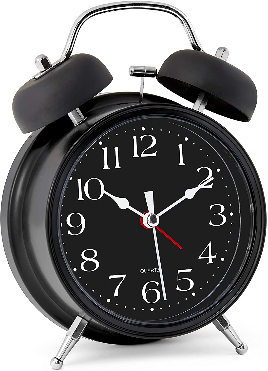 Bernhard Products Analog Alarm Clock 4" Twin Bell Black Silent Non
