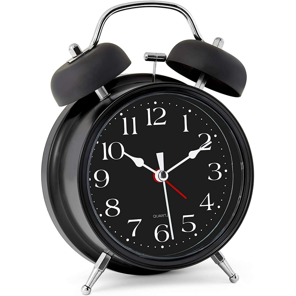 Bernhard Products Analog Alarm Clock 4" Twin Bell Black Silent Non