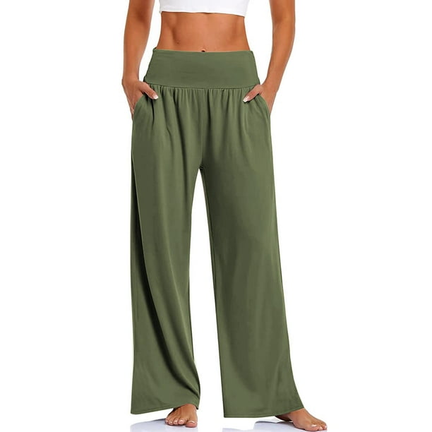 DLOODA Women's Wide Leg Loose Yoga Comfy Lounge Pyjamas Casual Flowy  Palazzo Pockets Pants, Army Green, Medium 