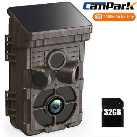 CAMPARK Solar Trail Camera with SD Card 24MP 1080P Game Camera 0.1s Trigger Night Vision 850nm Infrared LEDs Motion Activated Hunting Trail Cameras IP66 Waterproof for Wildlife Monitoring