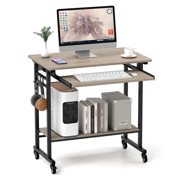 Grey Rolling Computer Desk Cart, Mobile Desk with Keyboard Tray & Hooks
