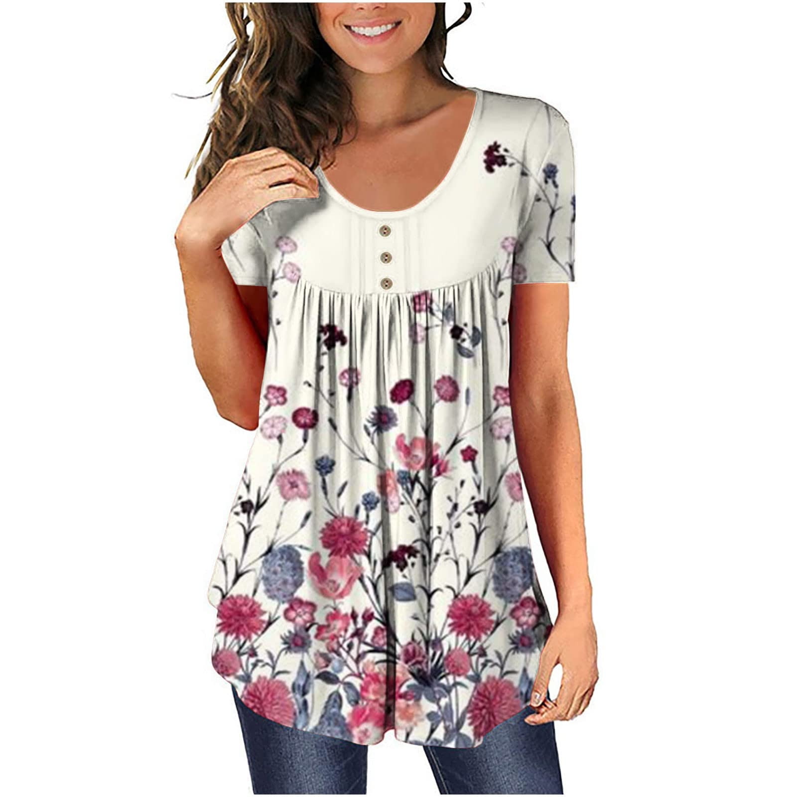 Womens Tunic Tops To Wear with Leggings Summer Short Sleeve Floral ...